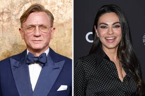 Daniel Craig in a blue suit and bow tie, and Mila Kunis in a black polka-dot dress, posing for photos
