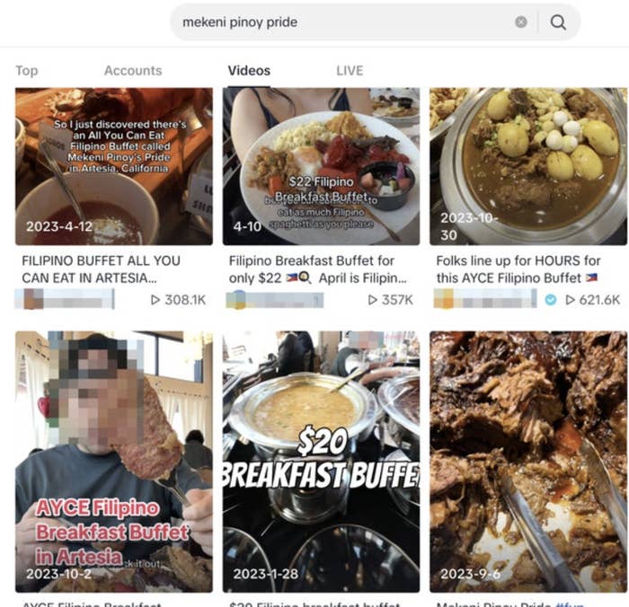 Screenshot of a food-themed social media page featuring various posts about Filipino cuisine, including videos and images of buffets and traditional dishes