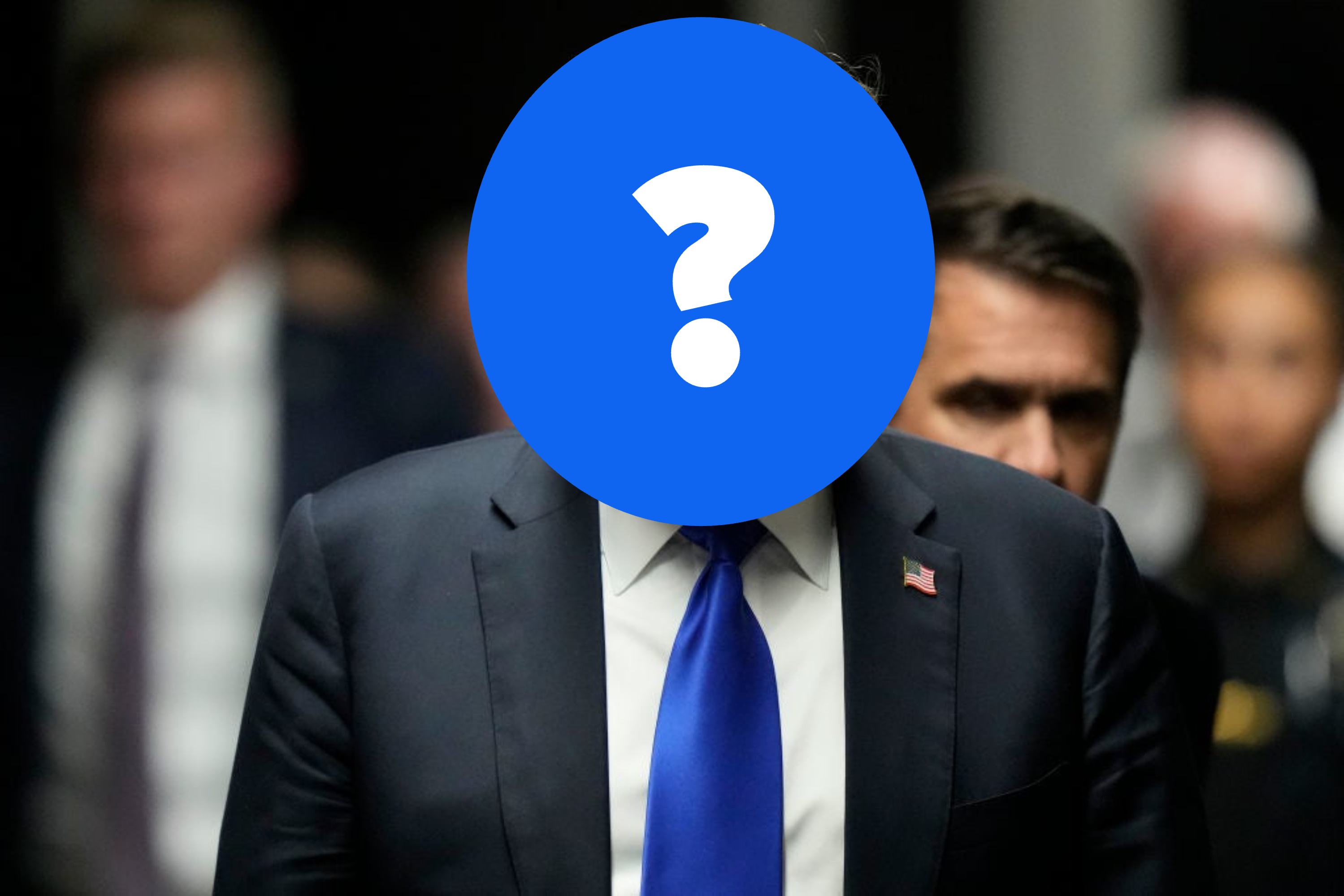 Donald Trump with eyes closed, wearing a dark suit, white shirt, and blue tie, stands with people in the background, his face is obscured by a blue circle with a question mark on it