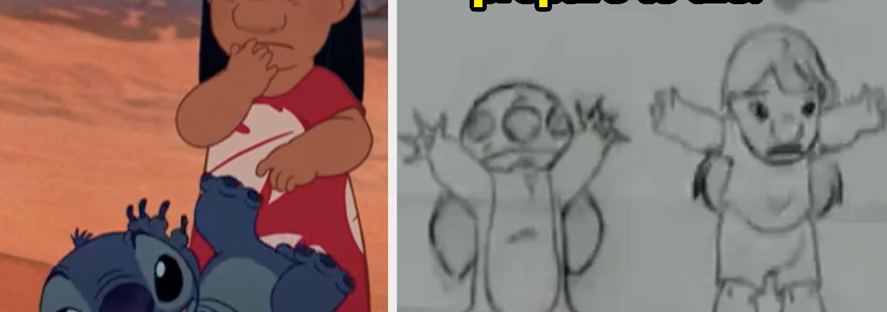 Lilo from Lilo & Stitch stands with a puzzled Stitch on the left, and an early sketch of them with the text "tourists, prepare to die!" on the right