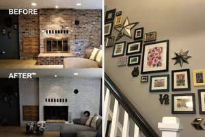 Before and after photos of a living room makeover, showcasing a brick fireplace painted white, updated decor, and a wall with various framed art pieces