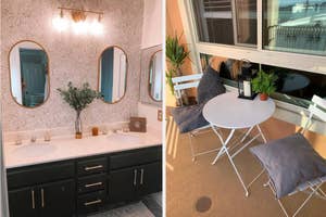 Image showcasing two different spaces: on the left, a well-decorated bathroom with double sinks and mirrors; on the right, a cozy balcony with a small table, chairs, and potted plants