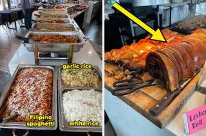 A buffet spread with Filipino spaghetti, garlic rice, white rice, and various meat dishes. A close-up of roasted pork with a caption "It was so good that I'm sure my brain had produced enough dopamine to get me through the rest of the year..."