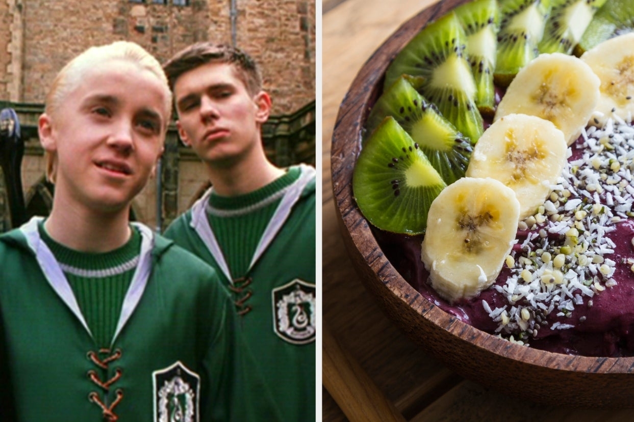 On the left, Malfoy from Harry Potter in his Quidditch uniform, and on the right, an acai bowl topped with kiwi and banana slices