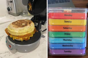 a breakfast sandwich made using a sandwich maker and a stack of pill organizers