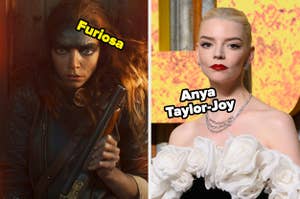 Anya Taylor-Joy holding a gun as Furiosa and on the red carpet in a strapless floral outfit in a side-by-side image, text: Furiosa, Anya Taylor-Joy