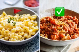 Image showing two bowls of pasta: one with a red flag symbolizing caution, the other with a green check mark for approval