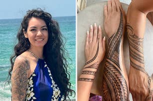 Woman poses by the beach on the left; on the right, detailed Polynesian tattoos