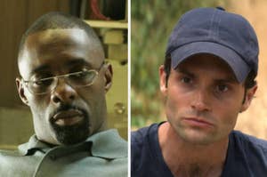 Idris Elba in glasses and a collared shirt, and Penn Badgley in a cap and casual shirt, in a split image