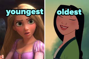 Rapunzel from Tangled and Mulan are shown side-by-side with text indicating "youngest" above Rapunzel and "oldest" above Mulan