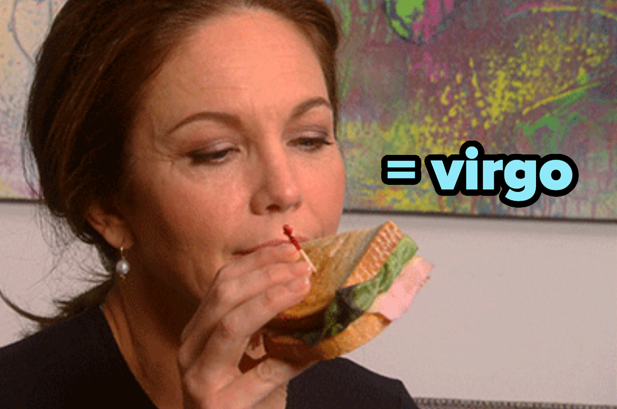 Woman eating a sandwich with text overlay "= virgo" next to her face