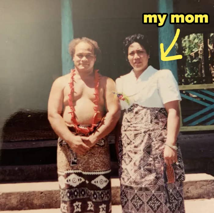 A shirtless man wearing traditional patterned clothing stands next to a woman, labeled "my mom," who is dressed in a patterned skirt and white blouse
