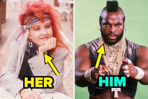 Cyndi Lauper in a striped blazer with colorful headband on left; Mr. T in a sleeveless top, Mohawk haircut, and gold jewelry on right with "Her" and "Him" labels