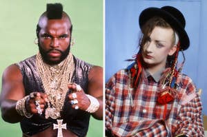 Mr. T wearing a sleeveless top and heavy gold jewelry points at the camera; Boy George in a hat and plaid shirt adorned with colorful ribbons on the right