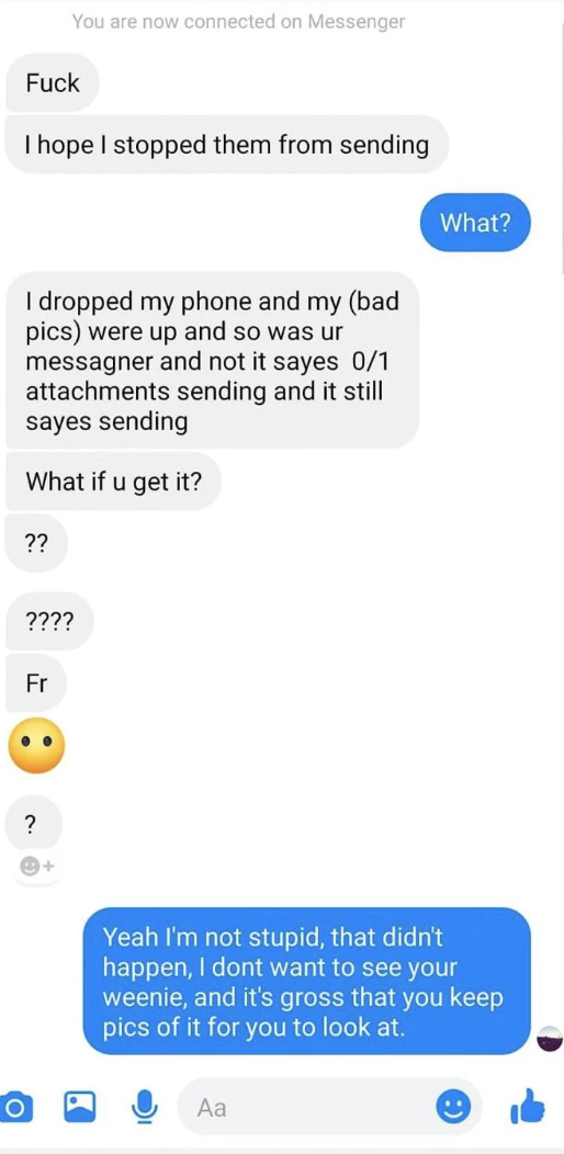 A messaging exchange where one person anxiously says they hope they stopped sending bad pictures. The other replies they didn't receive any, and it's gross to keep private photos