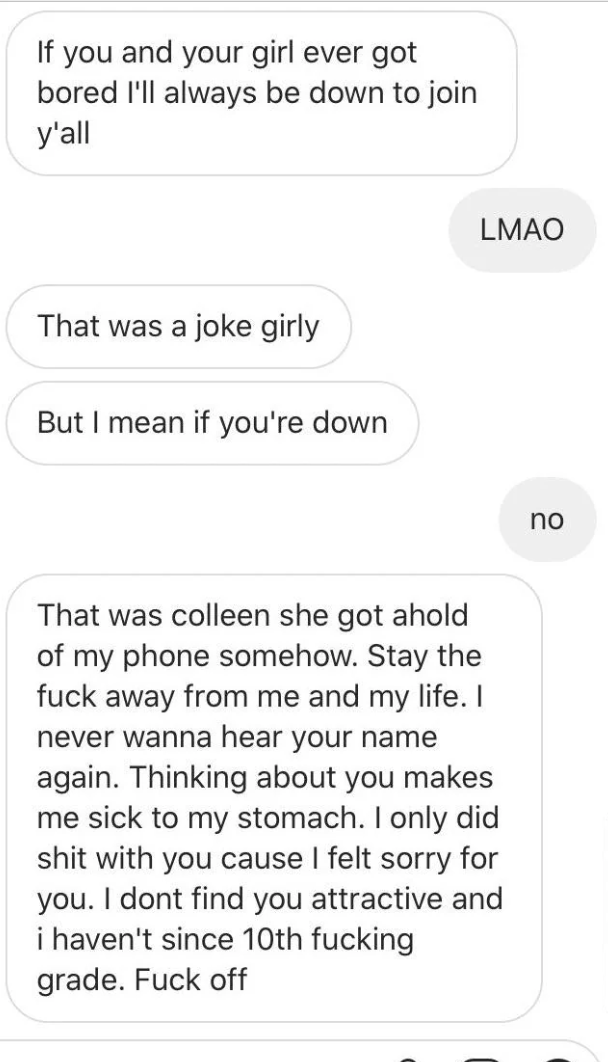 Text conversation: One person jokingly invites another to hang out. The other responds seriously, expressing anger and strong dislike, ending with a curse and refusal