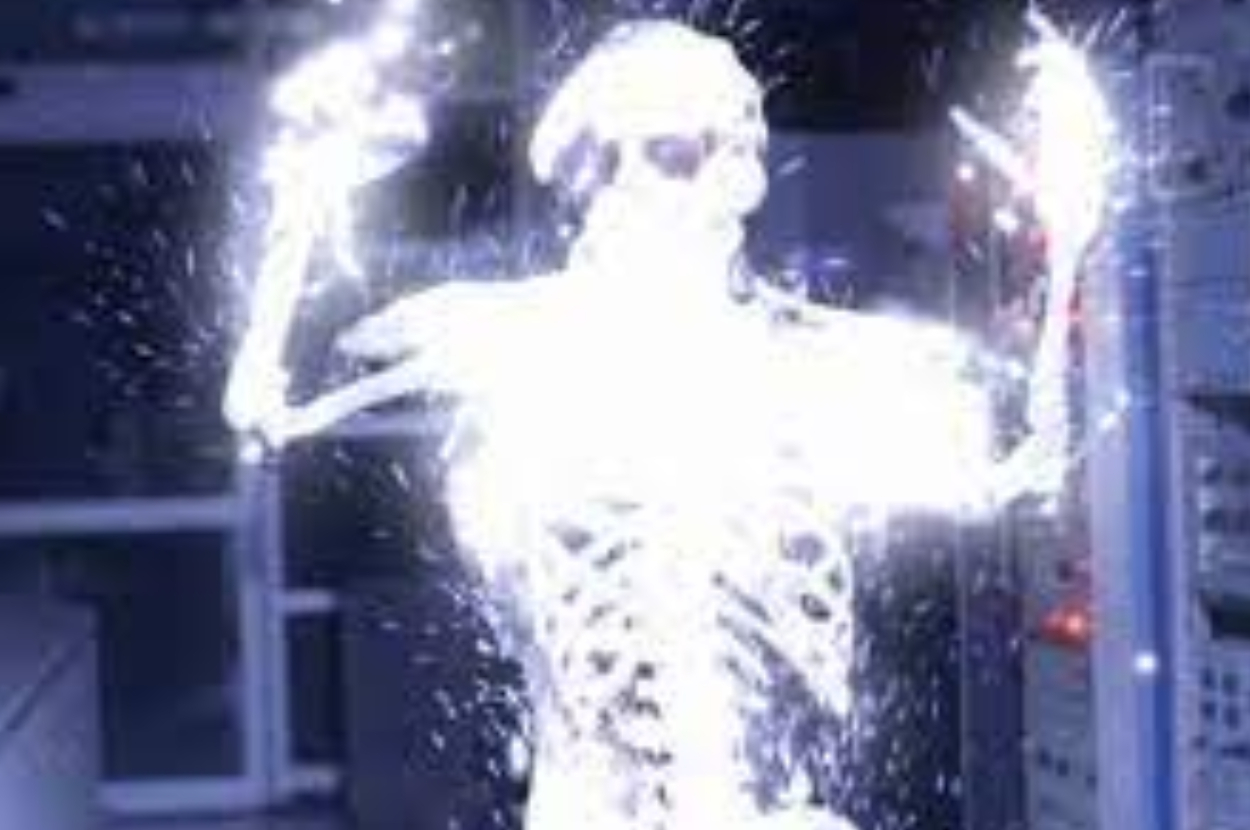 A glowing, electric humanoid robot with its arms raised, emitting bright sparks, appears in a futuristic lab