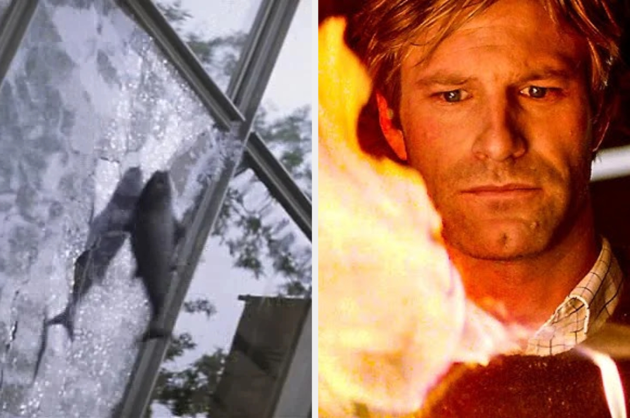 Broken window on left, man looking at fire on right