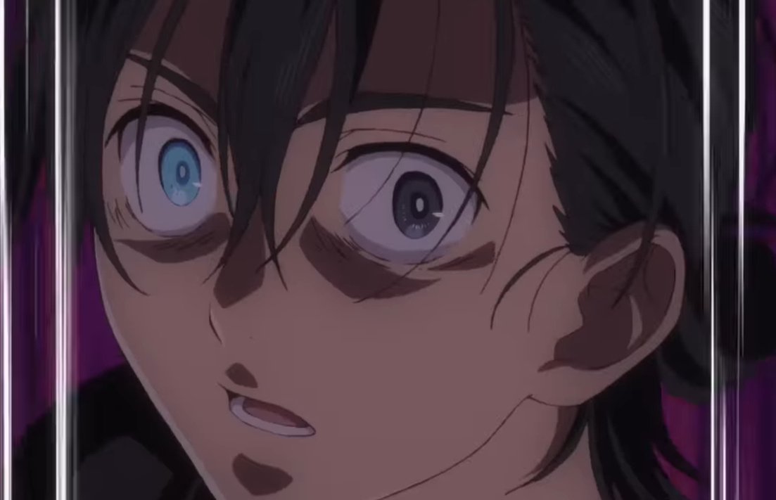 A startled Shin from Summer Time Rendering with wide eyes, disheveled hair, and a distressed expression