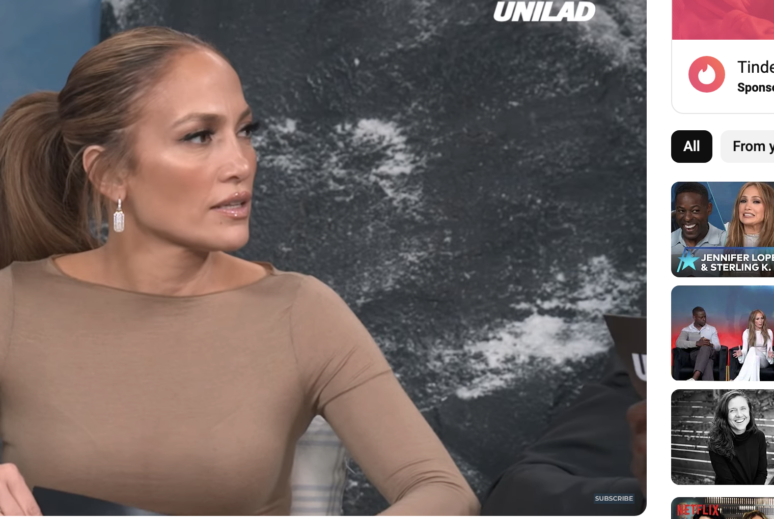 Jennifer Lopez, Simu Liu, and Sterling K. Brown discuss AI-related fears in an interview with UNILAD on YouTube