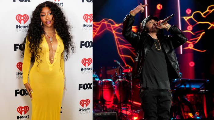 SZA in a long, deep V-neck dress on the iHeartRadio red carpet and Eminem performing on stage with a microphone