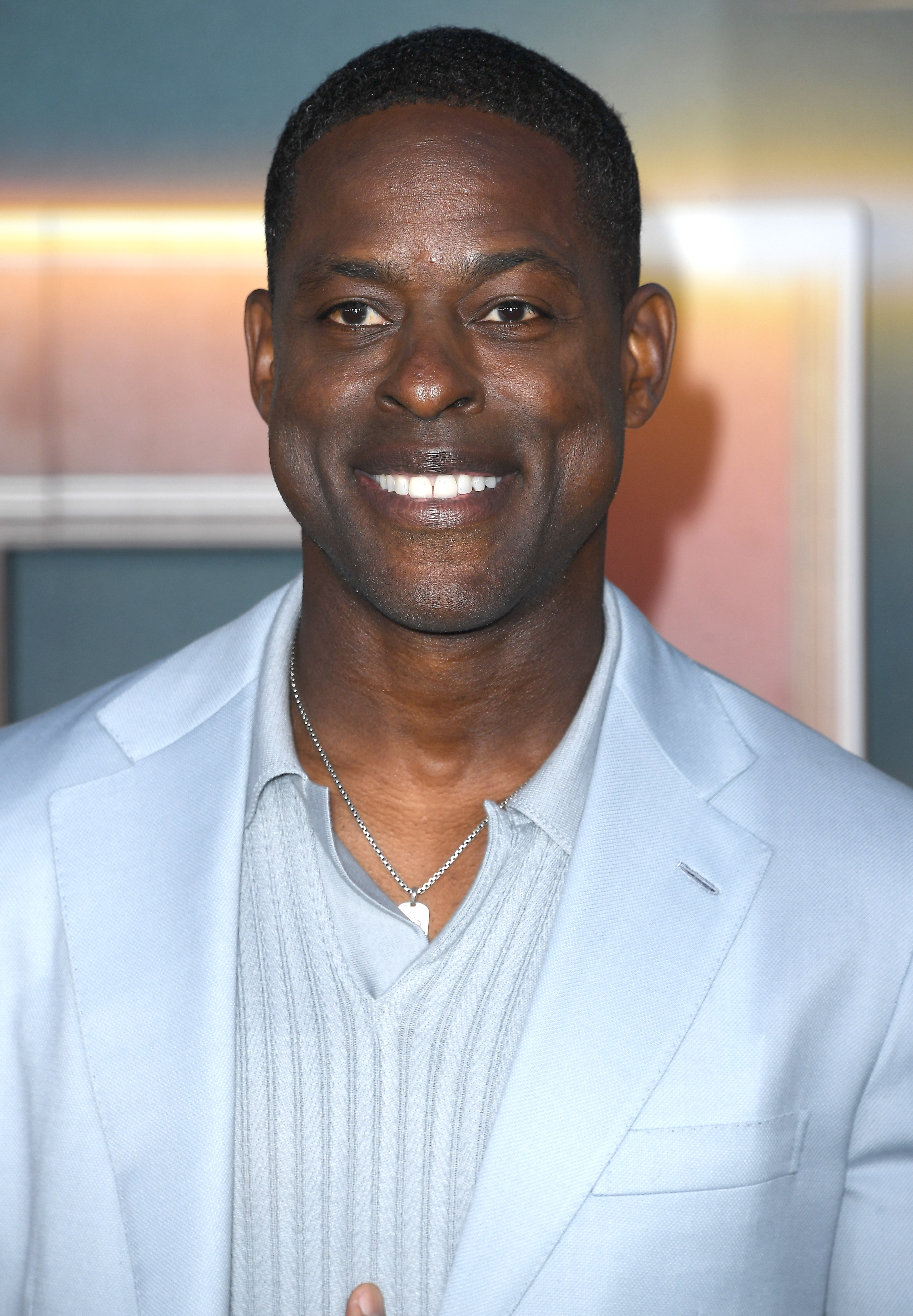 Sterling K. Brown smiles at a media event, dressed in a light-colored blazer over a knit sweater, accessorized with a silver necklace