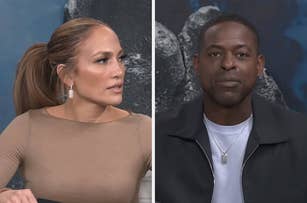 Jennifer Lopez in a fitted top and Sterling K. Brown in a casual jacket and necklace, both are being interviewed