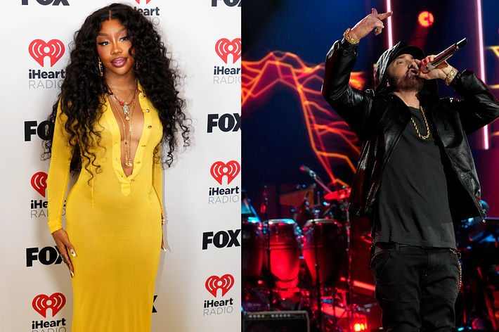 SZA in a long, deep V-neck dress on the iHeartRadio red carpet and Eminem performing on stage with a microphone