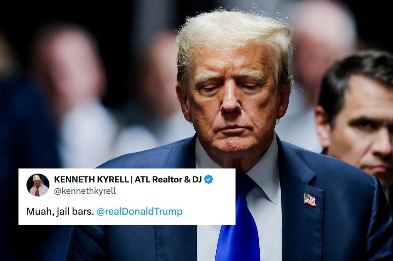Donald Trump, wearing a suit with a U.S. flag pin, walks alongside another man. Overlaid tweet by Kenneth Kyrell reads: "Muah, jail bars. @realDonaldTrump."