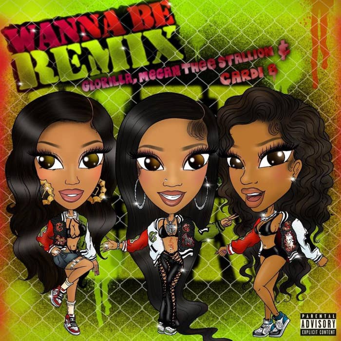Animated cover art for &quot;Wanna Be Remix&quot; featuring GloRilla, Megan Thee Stallion, and Cardi B, depicting them in stylish streetwear, with a parental advisory label