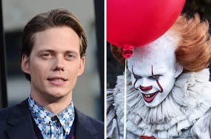 Split image: On the left, a man wearing a patterned shirt and suit; on the right, Pennywise the Clown holds a red balloon from the movie "It"
