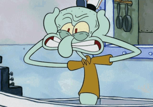 Squidward from SpongeBob SquarePants is shown in an animated scene, looking frustrated and pulling at his face. Kitchen setting is visible in the background
