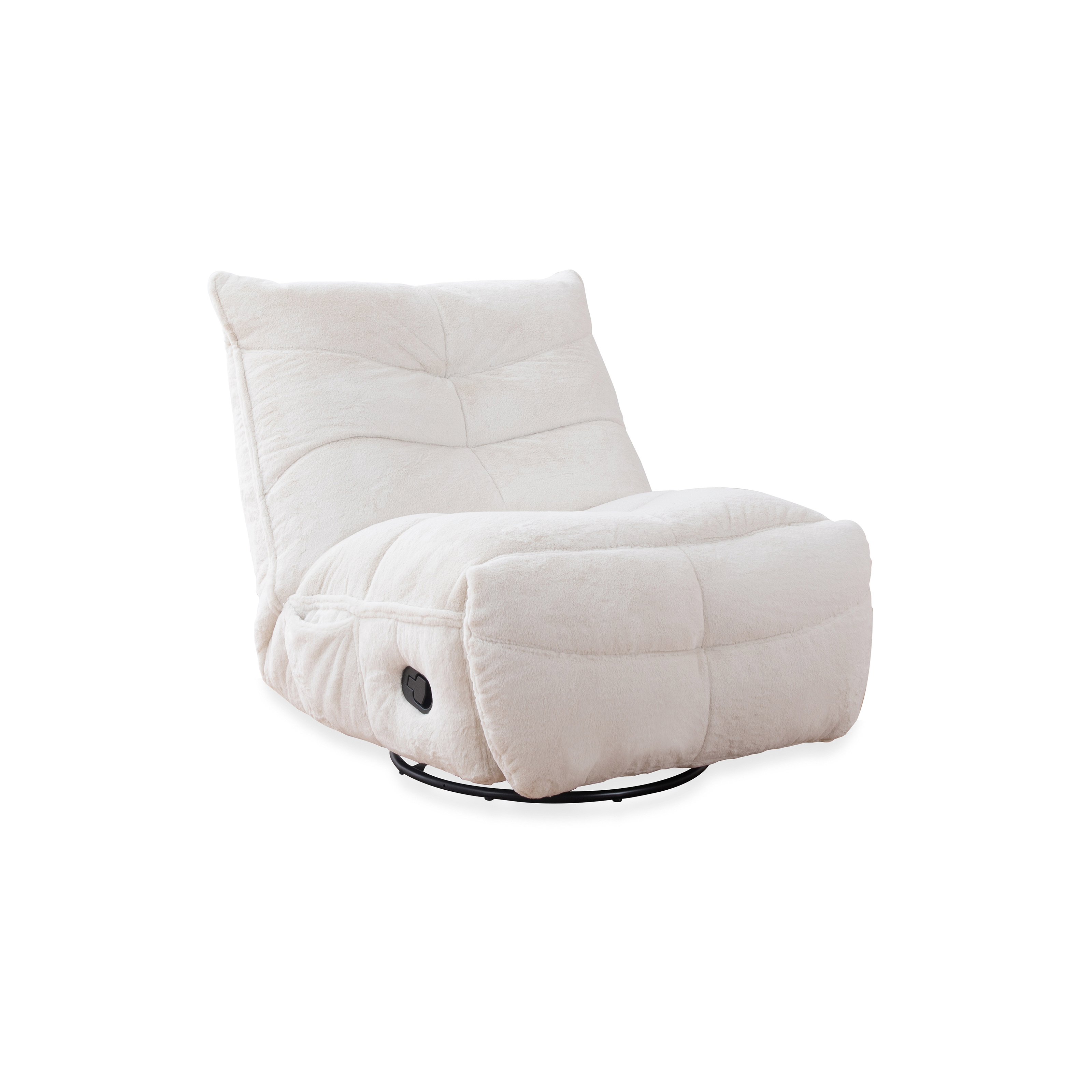 A plush reclining chair with a soft, cushioned design, featuring a side control button for adjusting the recline position