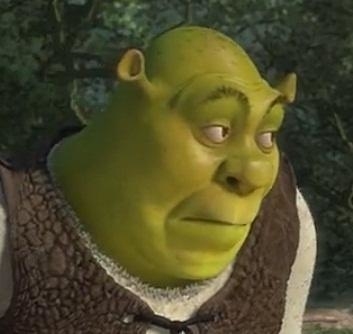 Shrek, an animated green ogre from the film series "Shrek," is looking to his left with a calm expression in a forest setting