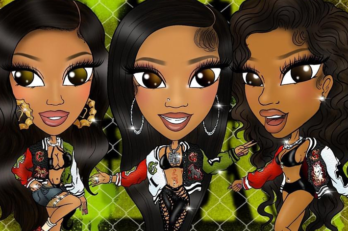 Animated characters Quavo, Saweetie, and Cardi B are depicted in stylish streetwear, featuring jackets and crop tops, striking dynamic poses against a vibrant background