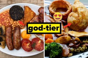 Two images of British food labeled "god-tier." The left photo features a full English breakfast; the right shows a roast dinner. A heart-eyed emoji is between them