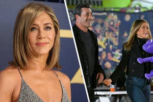 Jennifer Aniston at a formal event in a sleeveless dress (left) and casually dressed, holding hands with Jon Hamm at a carnival (right)