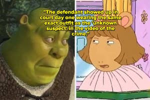 Shrek next to DW from Arthur with the caption, "The defendant showed up in court day one wearing the same exact outfit as the 'unknown suspect' in the video of the crime."