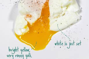 A perfect poached egg, with a compact oval shape, just set whites, and a bright yellow, very runny yolk