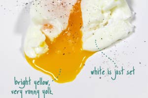 A perfect poached egg, with a compact oval shape, just set whites, and a bright yellow, very runny yolk