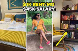 Three-photo collage depicting a $1K rent/month on a $45K salary: bedroom, woman in a dress, and a bookshelf. Arrow points to the bottom shelf of books