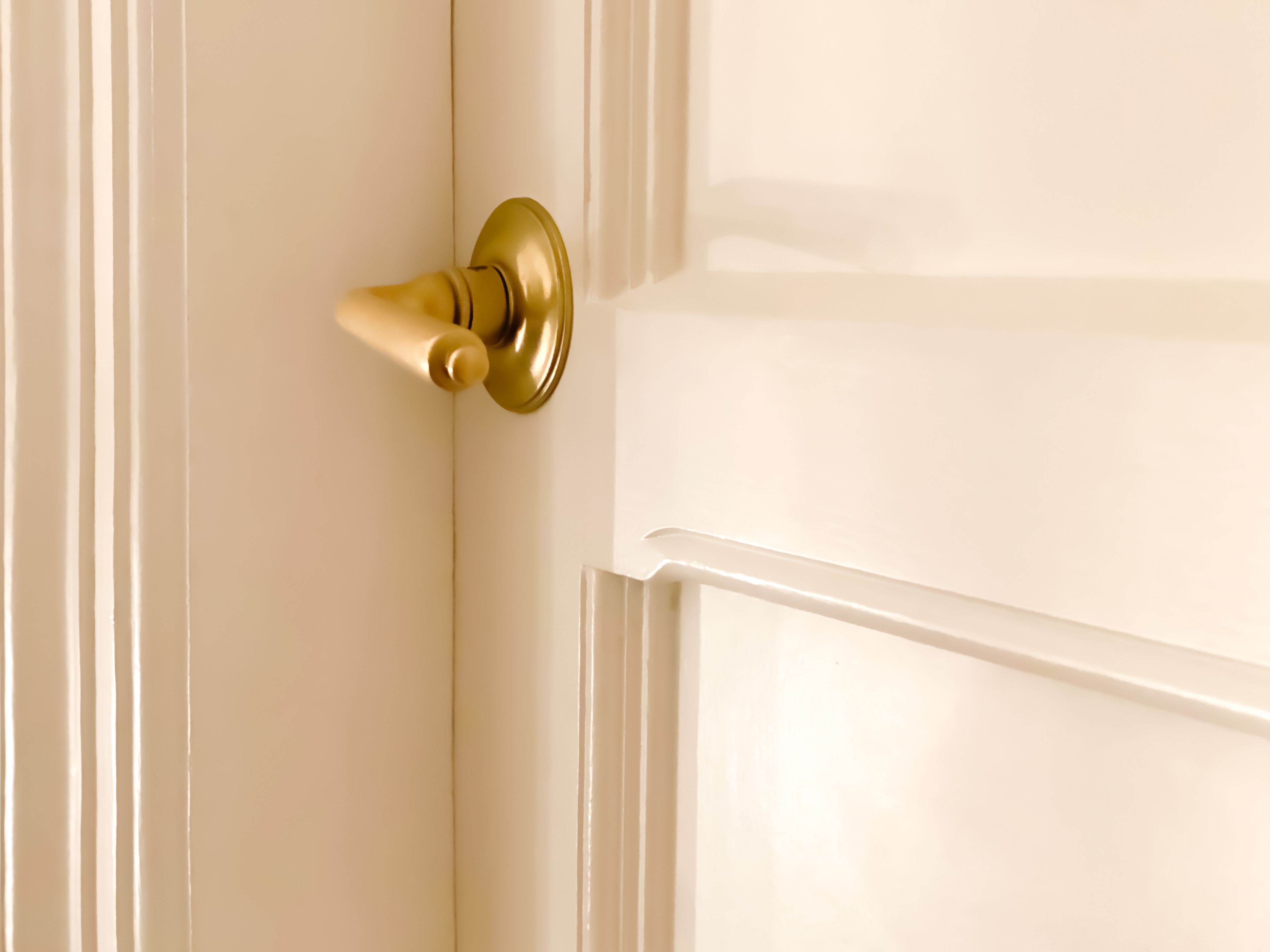 Close-up of a brass door handle on a white wooden door, captured in soft lighting, emphasizing the handle&#x27;s design and door&#x27;s panel detail