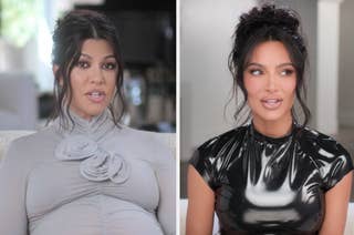 Kourtney Kardashian in a floral-accented top and Kim Kardashian in a shiny, fitted dress, both seated and speaking in a split-screen video