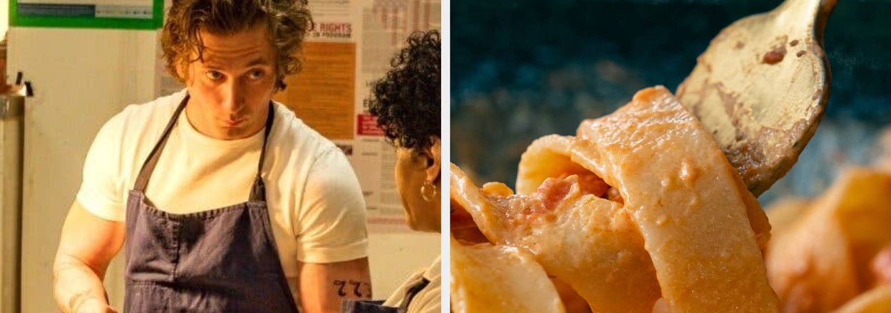Jeremy Allen White, in a food preparation scene, standing across from a woman. Close-up of pasta in a creamy sauce on the right