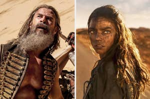 Chris Hemsworth with long hair and a beard, Anya Taylor-Joy with dirt on her face in stills from "Furiosa: A Mad Max Saga"