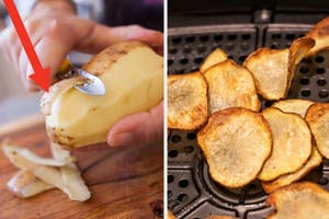 Close-up of a person peeling a potato with a knife and a tray of homemade potato chips from an air fryer