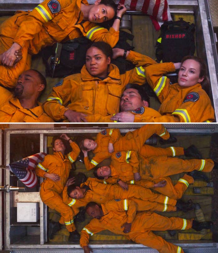 Top image: Jaina Lee Ortiz, Jason George, Barrett Doss, Jay Hayden, and Danielle Savre, in firefighting gear, lying down. Bottom image: Full cast in firefighting gear lying down