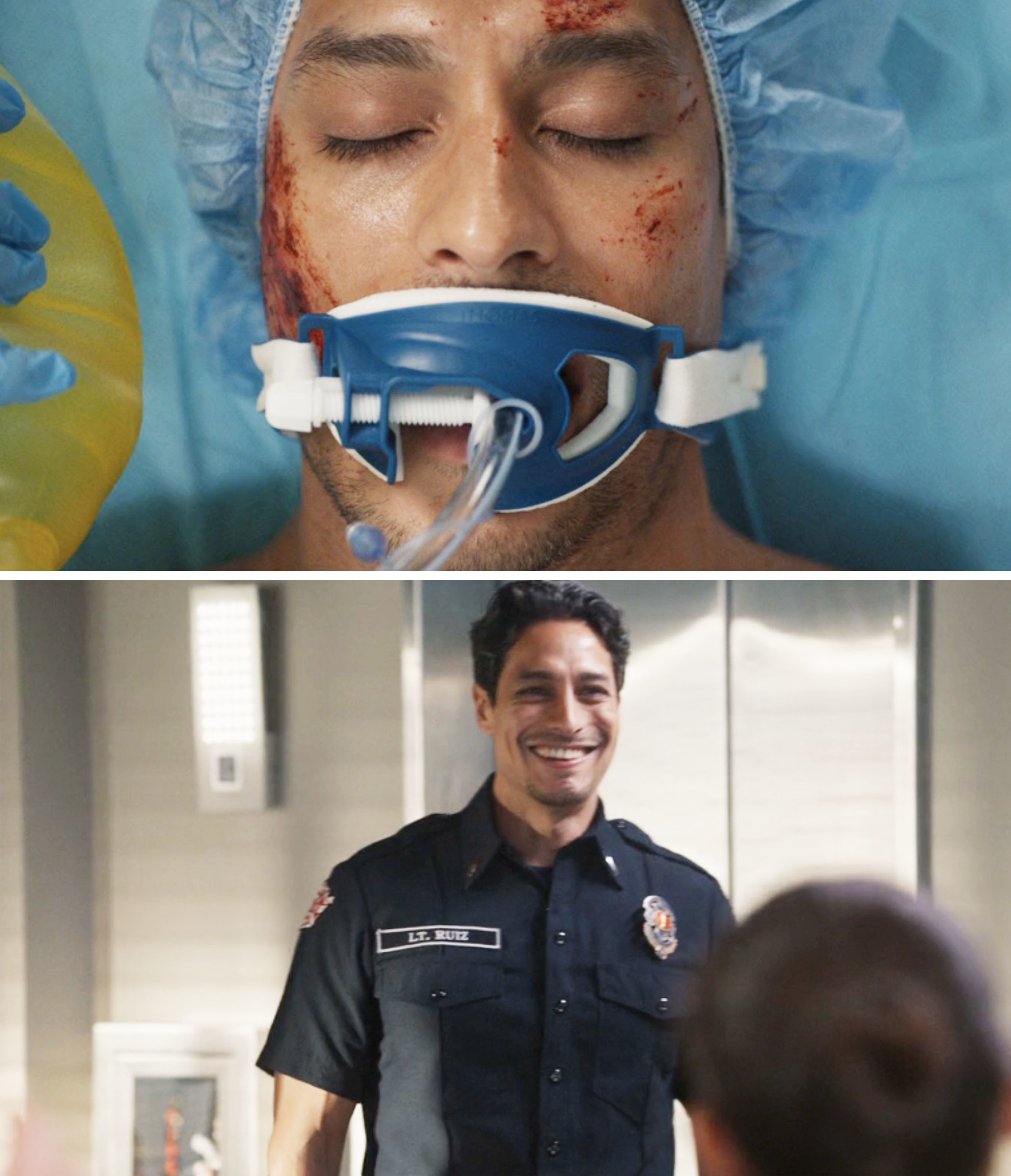 Two photos of Theo, one of him in the hospital vs him at Station 19 in his uniform