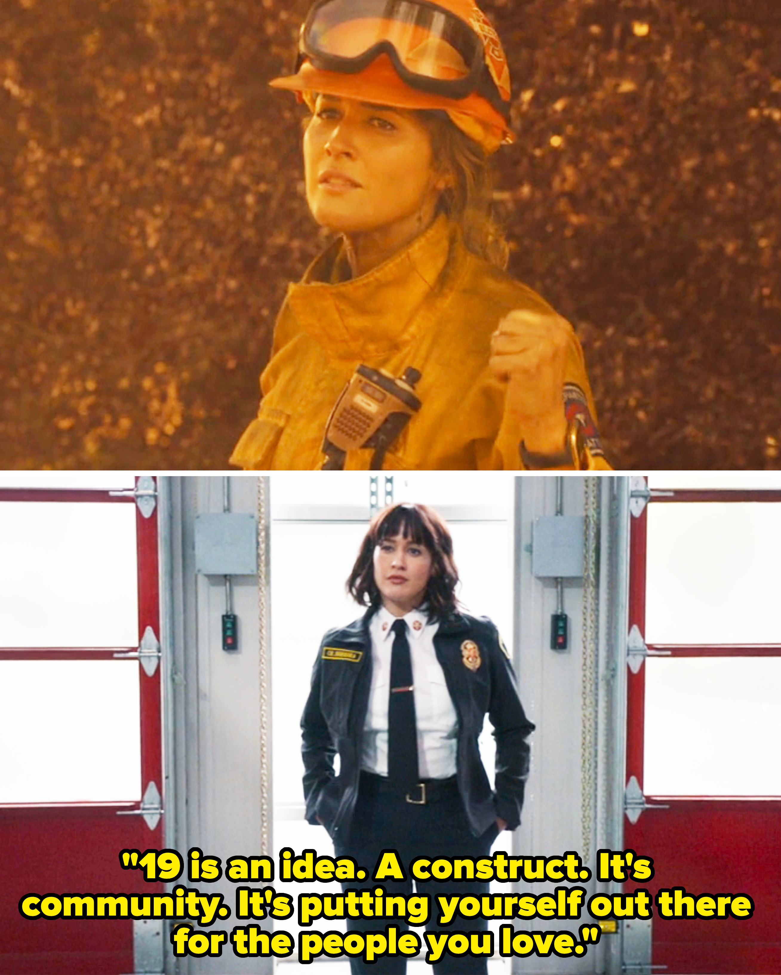Andy in a firefighter uniform vs. Andy in the future as Captain