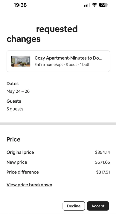 Screen showing requested changes for a stay at "Cozy Apartment-Minutes to Do" from May 24–26 for 5 guests. New price is $671.65, previously $354.14